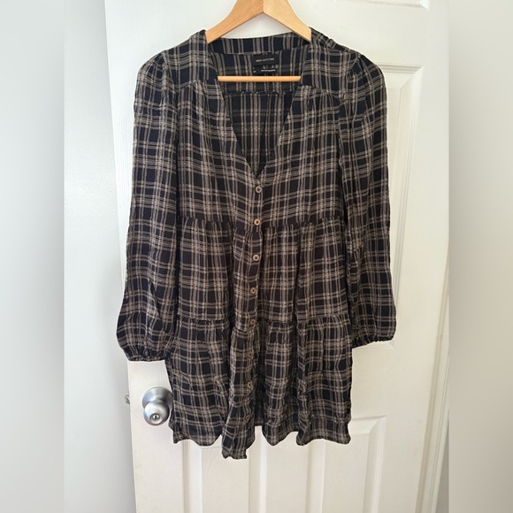 Urban Outfitters check tiered mini dress oversized long sleeve size small - Picture 2 of 12